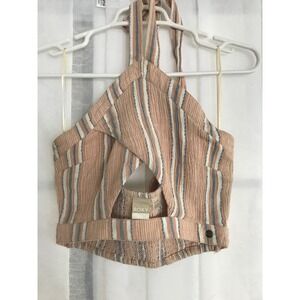 Roxy Womens Peach Blue Striped Halter‎ Crop Top Smocked Back Keyhole Small